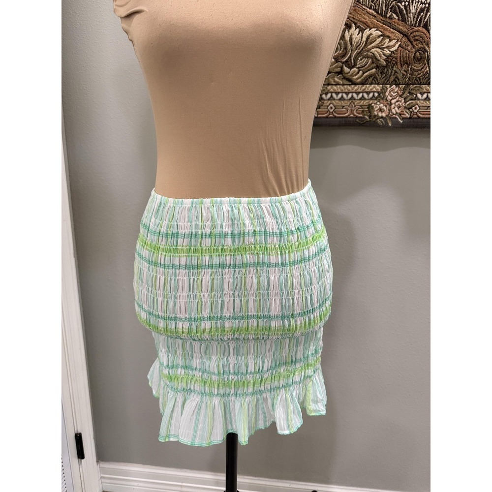 Zara Skirt NWT Womens Small Green White Striped Smocked Ruffle Hem‎ Mini Stretch
